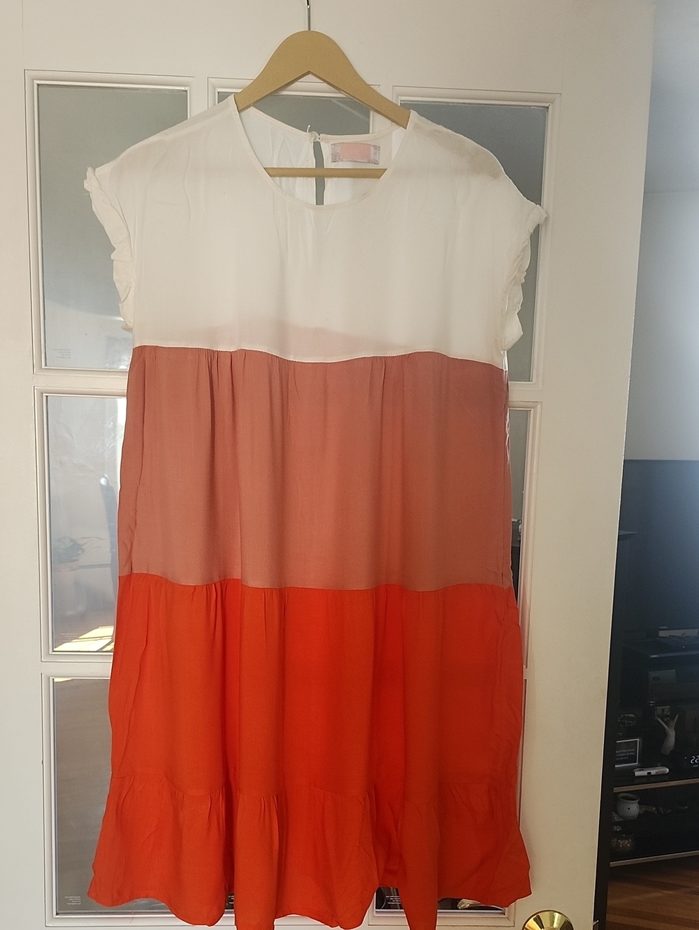 Colorblock White, Coral and Orange Tiered Midi Dress